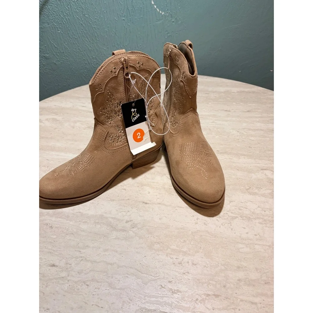 Art Class Girls Tan Faux Suede Western Cowboy Boots Rhinestone Studded Size 2